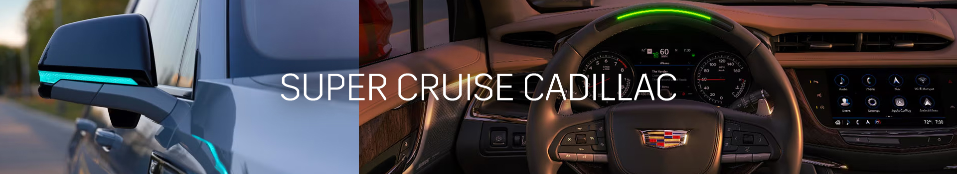 Rétroviseur et volant Cadillac avec la barre lumineuse verte Super Cruise